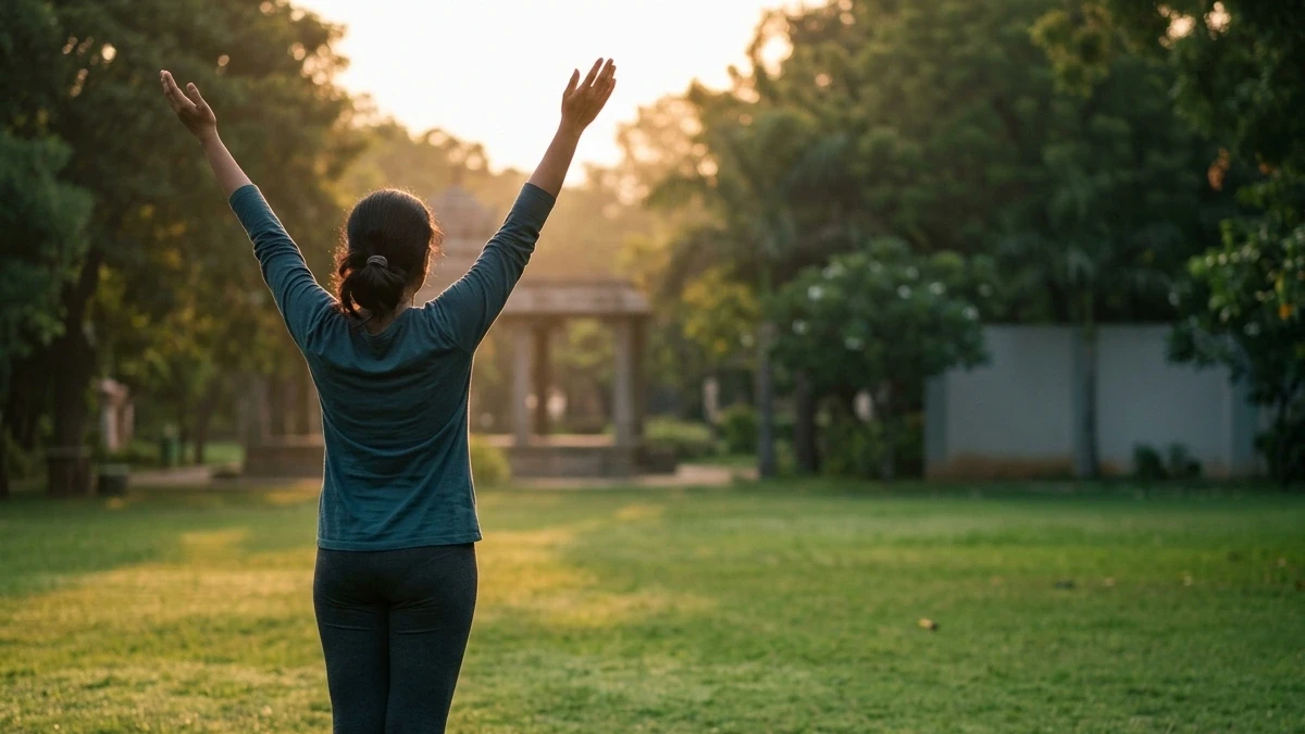 PCOS and exercise for fertility — woman doing a morning stretch outdoors