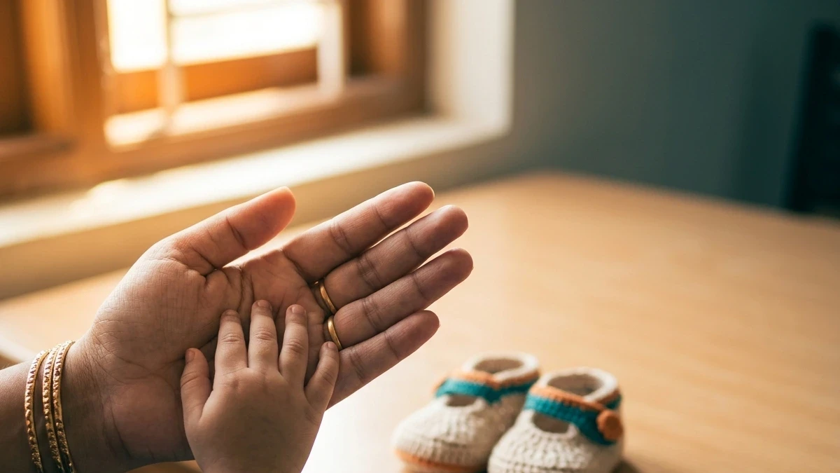 Secondary infertility — a parent's hand holding a child's hand beside baby shoes