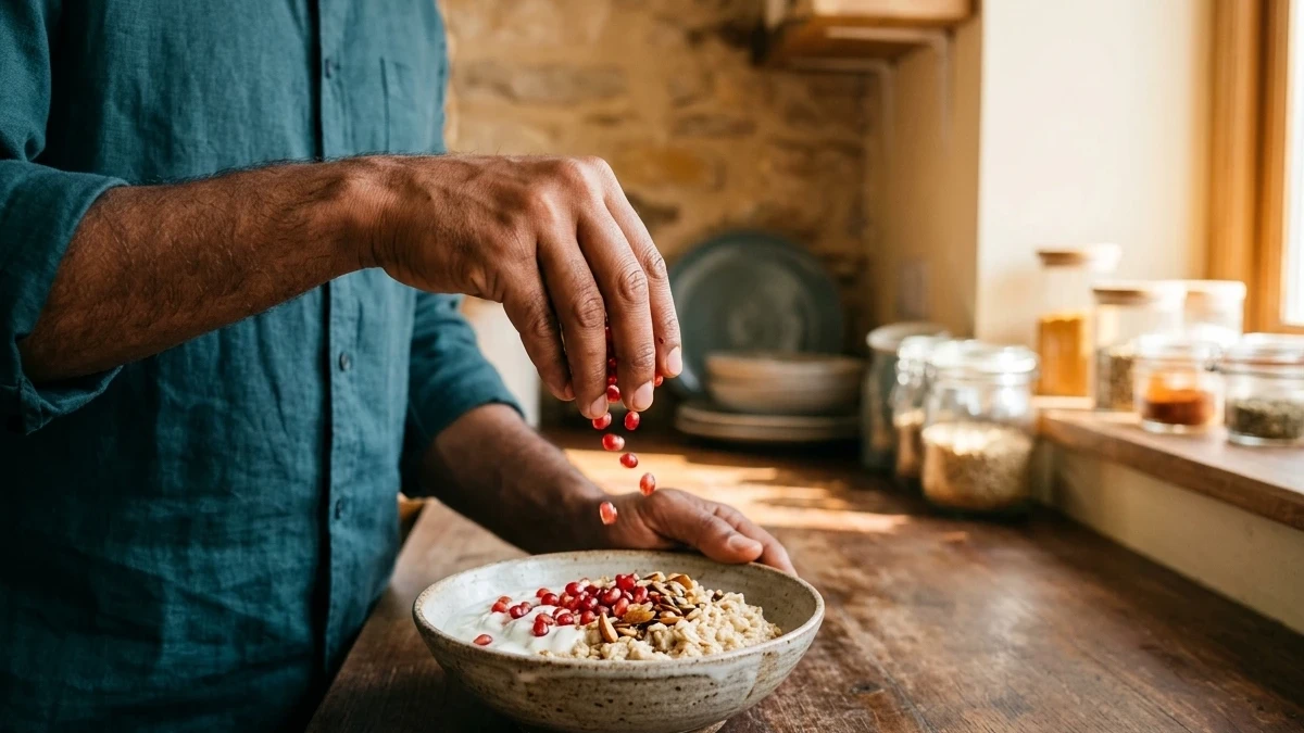 Weight and male fertility — hands preparing a healthy breakfast bowl
