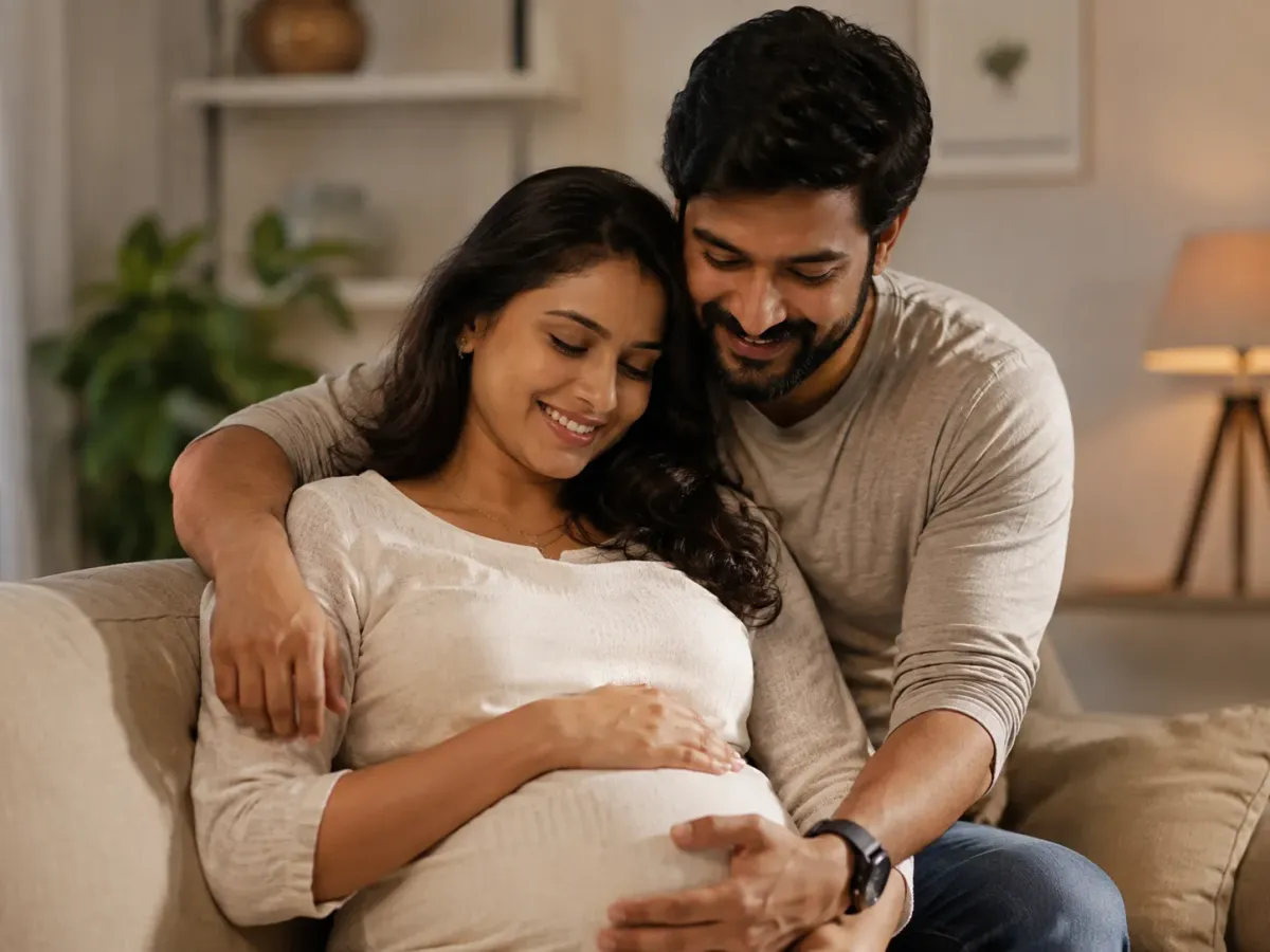 Expecting couple embracing after fertility treatment at Yaal Fertility & Women's Centre, Pallikaranai