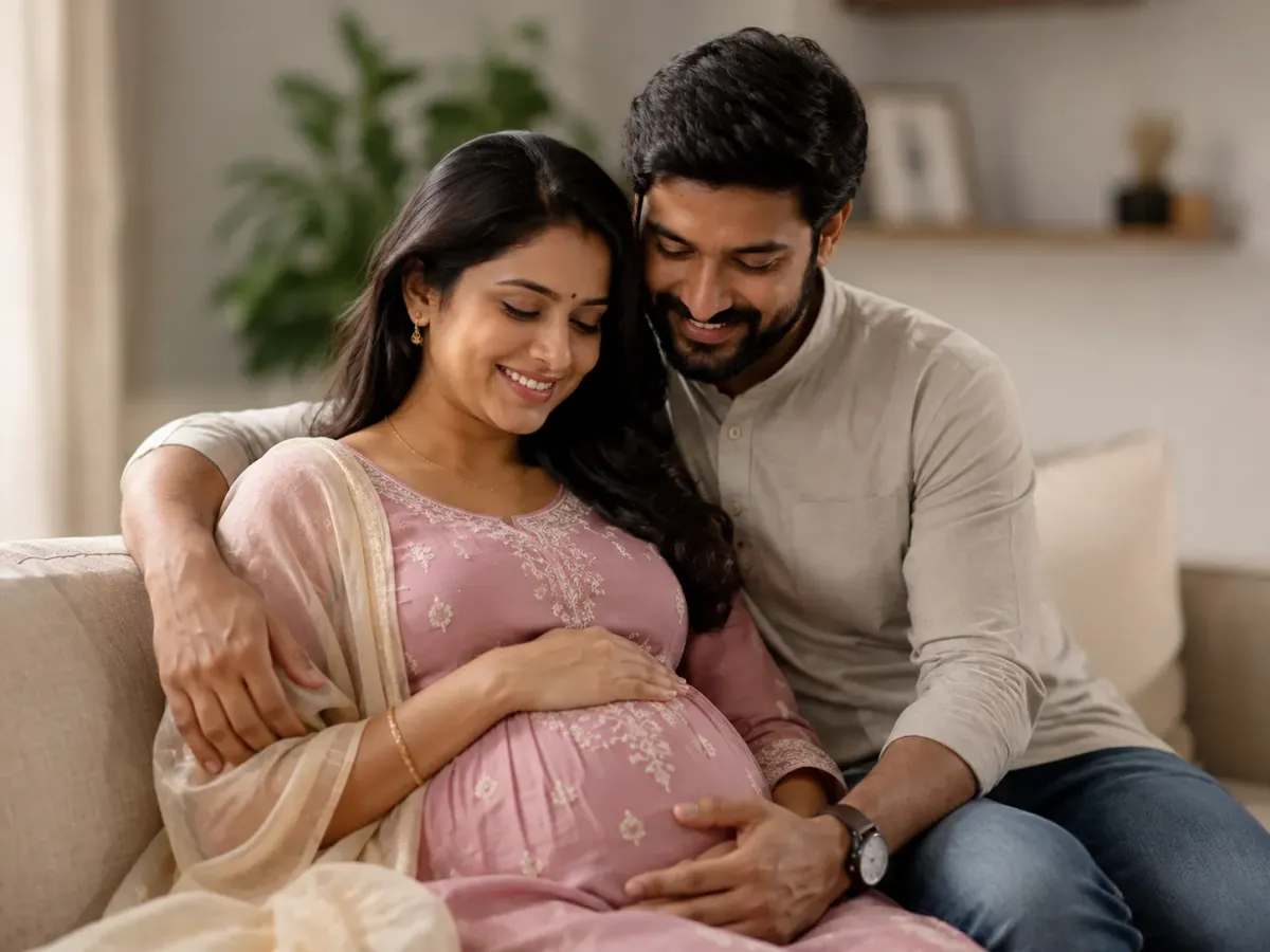 Expecting couple embracing after fertility treatment at Yaal Fertility Centre's flagship Kilpauk hospital