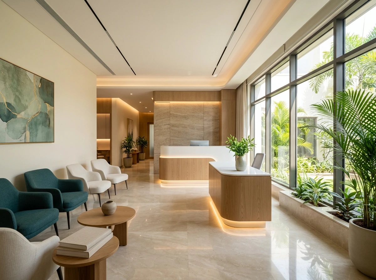 Reception and waiting lounge at Yaal Fertility Centre, Kilpauk