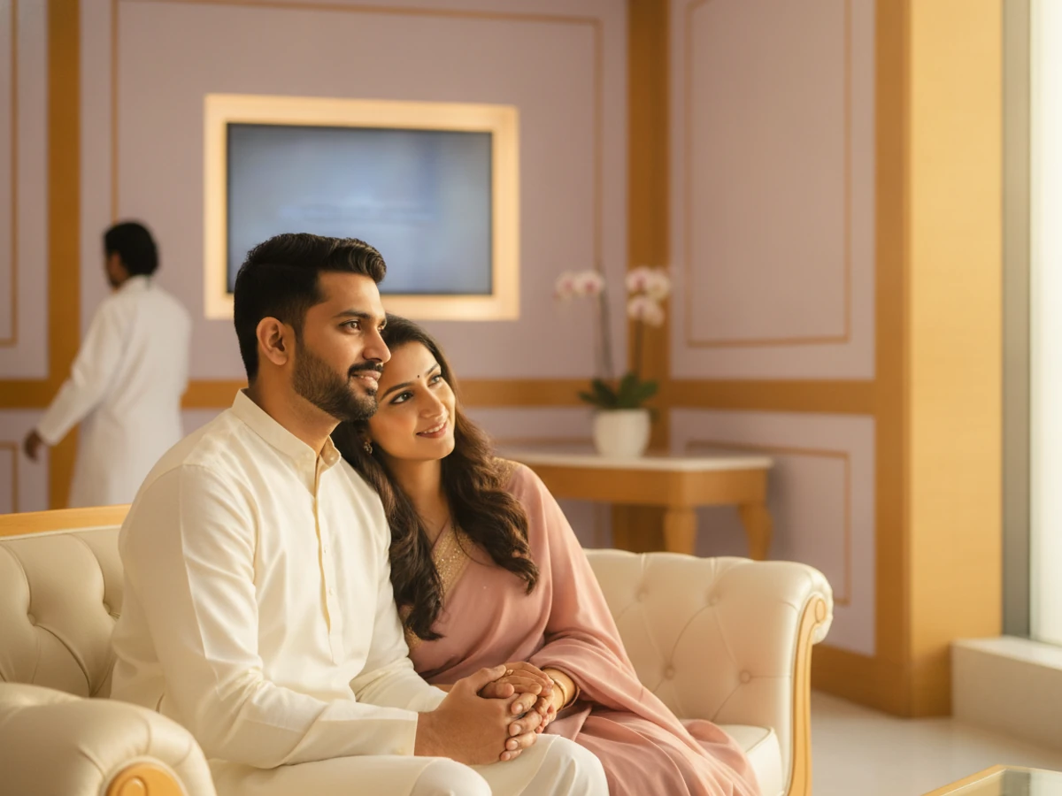 Hopeful couple holding hands in the Yaal Fertility Centre lounge