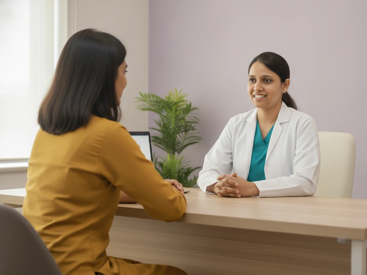 Dr. Rukkayal Fathima consulting a young professional woman about egg freezing