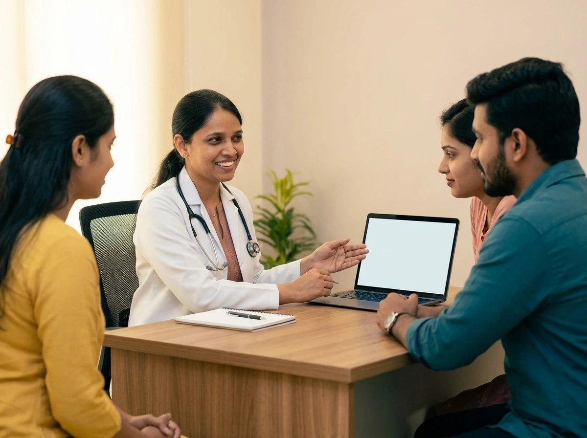Dr. Rukkayal Fathima leading a female fertility evaluation consultation with a couple at Yaal Fertility Centre