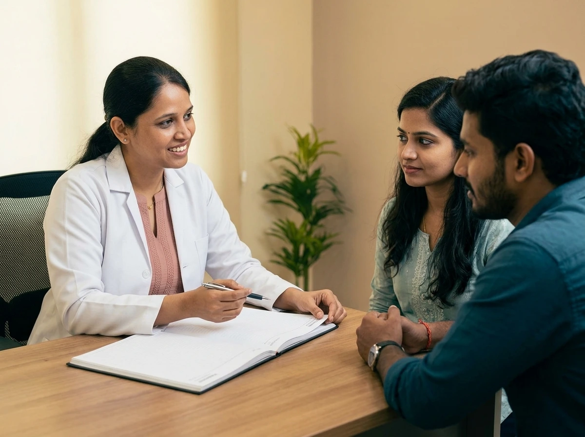 Dr. Rukkayal Fathima discussing a frozen embryo transfer cycle plan with a hopeful couple at Yaal Fertility Centre