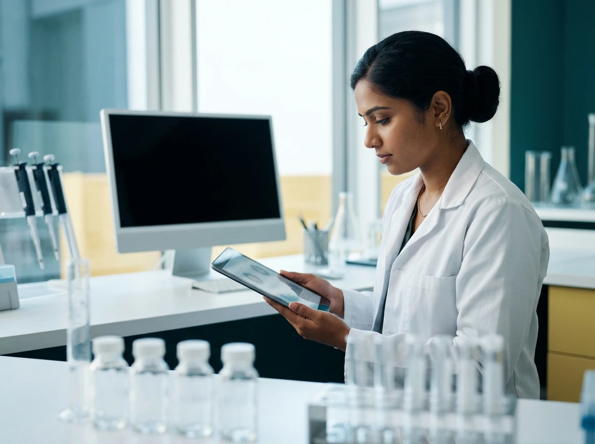 Embryologist reviewing ovarian reserve diagnostic data at Yaal Fertility Centre's fertility lab