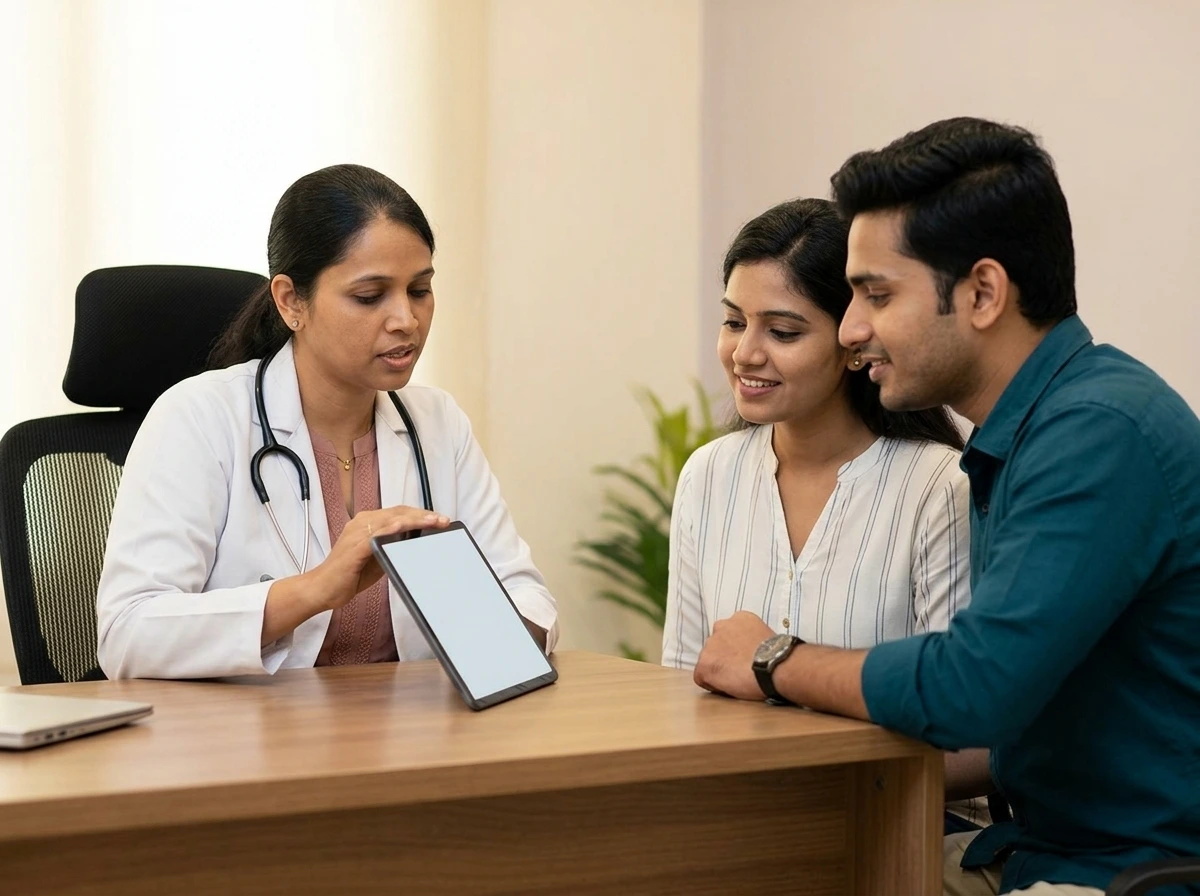 Dr. Rukkayal Fathima reviewing male fertility test results with a couple at Yaal Fertility Centre